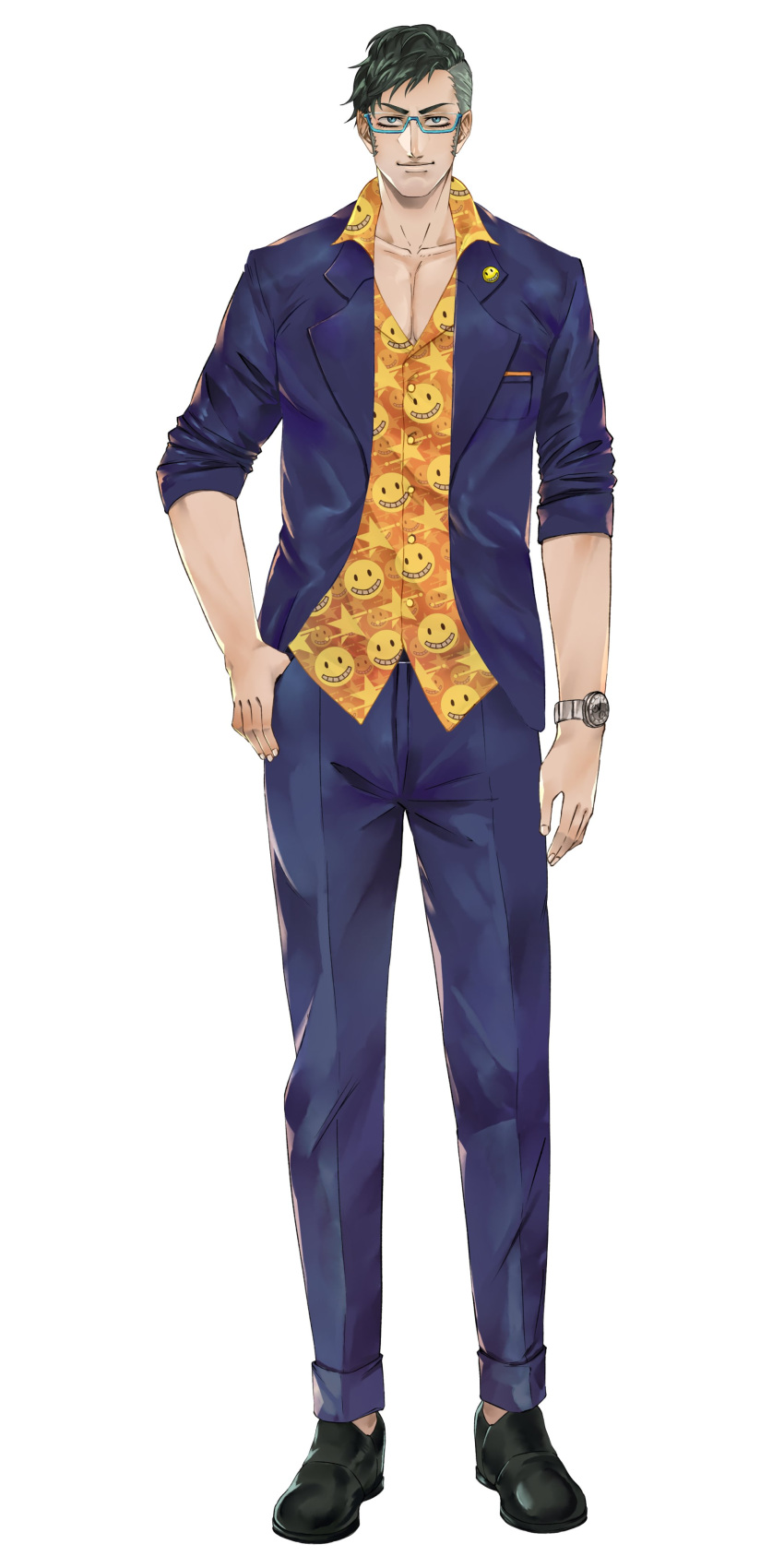 1boy absurdres blue_eyes closed_mouth collarbone daidou_shinove full_body glasses highres holostars ikuyoan looking_at_viewer official_art shoes sideburns sleeves_rolled_up smiley_face star_(symbol) thumb_in_pocket v-shaped_eyebrows watch watch white_background