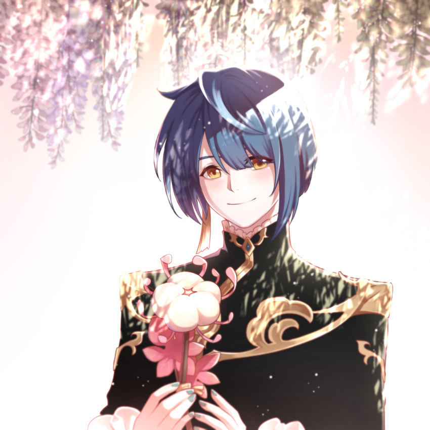 1boy bangs blue_hair blue_nails blush brill_p chinese_clothes closed_mouth earrings flower frilled_shirt_collar frilled_sleeves frills genshin_impact highres holding holding_flower jacket jewelry looking_at_viewer male_focus nail_polish shaded_face short_hair simple_background single_earring smile solo tassel tassel_earrings white_background white_flower xingqiu_(genshin_impact) yellow_eyes