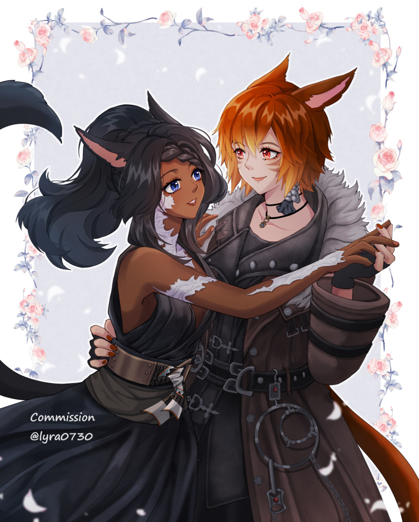 2girls animal_ears belt black_dress black_hair black_jacket blue_eyes braid cat_ears dark_skin dark-skinned_female dress facial_mark final_fantasy final_fantasy_xiv fur_collar highres holding_hands hug jacket jewelry long_sleeves lyra-kotto miqo'te multiple_girls nail_polish necklace parted_lips ponytail red_eyes red_nails redhead short_hair sleeveless sleeveless_dress smile twitter_username whisker_markings