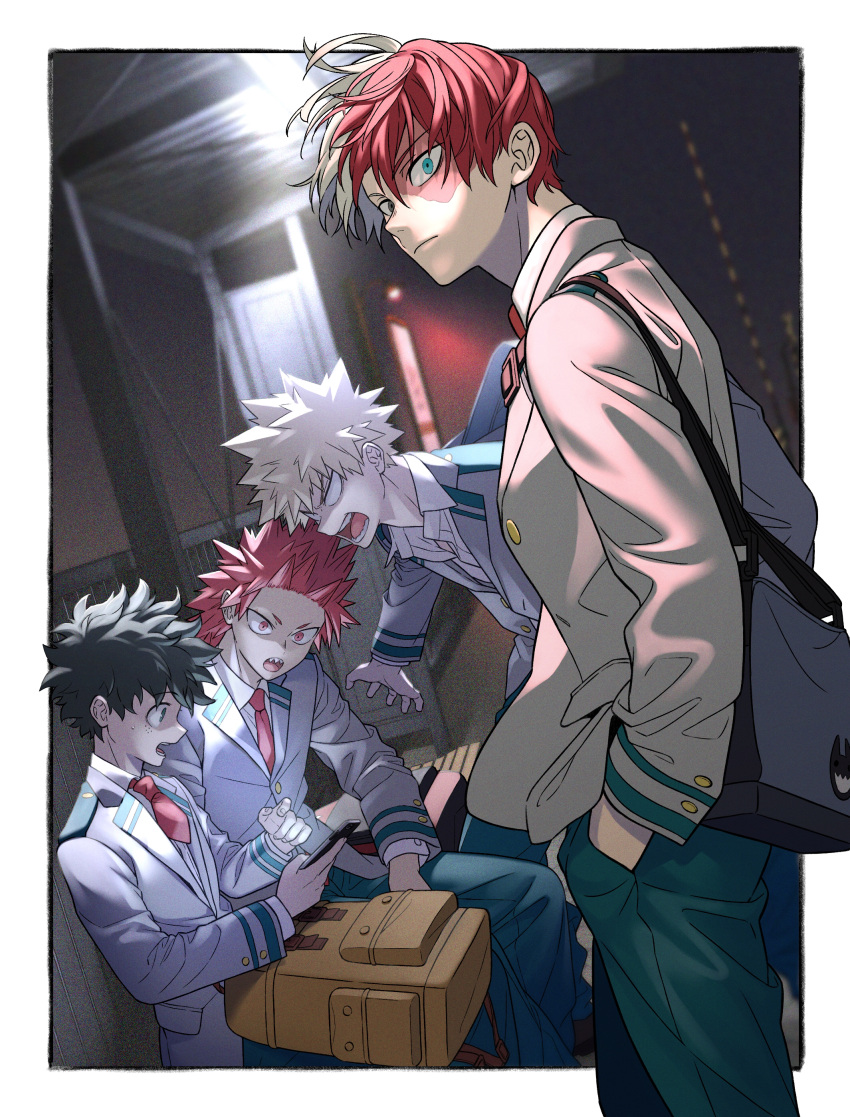 4boys absurdres angry backpack bag bakugou_katsuki blazer blonde_hair blue_eyes boku_no_hero_academia cellphone commentary_request green_eyes green_hair green_pants hair_behind_ear hands_in_pockets highres holding holding_phone jacket kirishima_eijirou looking_at_viewer male_focus midoriya_izuku multicolored_hair multiple_boys natsuko_(bluecandy) necktie open_mouth pants phone red_eyes red_neckwear redhead scar scar_across_eye school_uniform smartphone todoroki_shouto two-tone_hair u.a._school_uniform v-shaped_eyebrows white_eyes white_hair