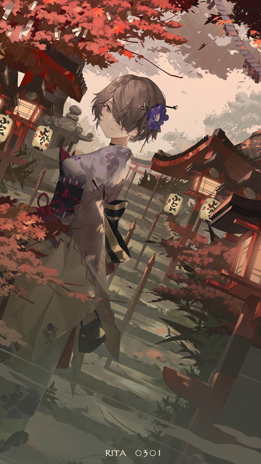 1girl architecture arms_behind_back bag black_choker black_footwear brown_eyes brown_hair character_name choker closed_mouth dutch_angle earrings east_asian_architecture hair_ornament hair_over_one_eye hairclip hairpin highres holding holding_bag honkai_(series) honkai_impact_3rd japanese_clothes jewelry kimono lantern leaf long_sleeves maple_leaf maple_tree mole mole_under_eye one_eye_covered paper_lantern rita_rossweisse rope shimenawa short_hair sleeves_past_wrists smile solo stairs standing tanzaku tatatsu tree zouri