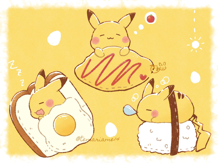 :3 artist_name blush bread closed_eyes closed_mouth commentary_request food fried_egg gen_1_pokemon highres lying no_humans nose_bubble omurice on_side pikachu pokemon pokemon_(creature) rice signature sleeping smile temariame14 thought_bubble zzz