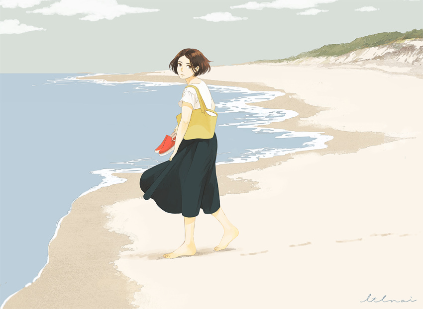 1girl bag barefoot beach black_skirt brown_hair clouds footwear_removed holding holding_shoes looking_at_viewer original otonai_chiaki red_footwear shirt shoes short_hair short_sleeves shoulder_bag skirt smile solo standing water white_shirt wide_shot yellow_bag