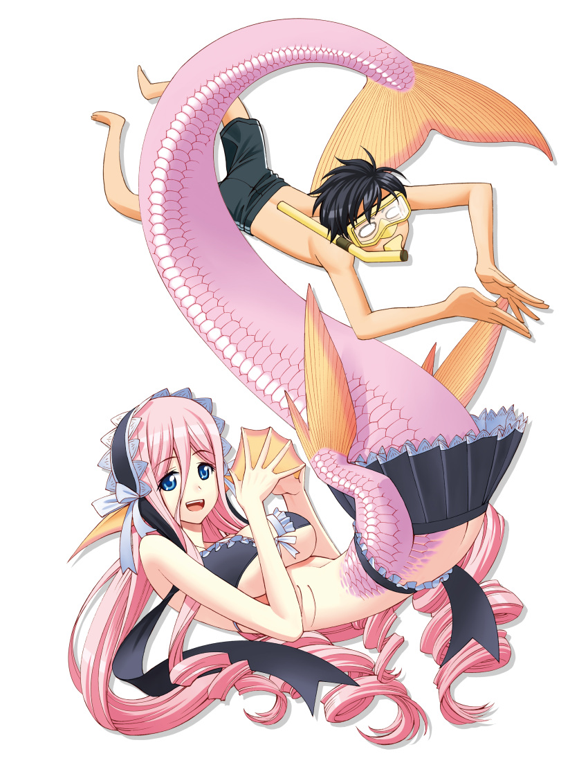 1boy 1girl absurdres bikini bikini_skirt black_hair black_shorts blank_eyes blue_eyes breasts butt_crack diving_mask drill_hair fingers_together frilled_bikini frilled_skirt frills front-tie_top gills head_fins highres kneeless_mermaid kurusu_kimihito large_breasts long_hair looking_at_viewer mermaid meroune_lorelei miniskirt monster_girl monster_musume_no_iru_nichijou official_art okayado open_mouth pink_hair pleated_skirt pointy_ears scales short_hair shorts simple_background skirt smile swimsuit under_boob very_long_hair webbed_hands white_background