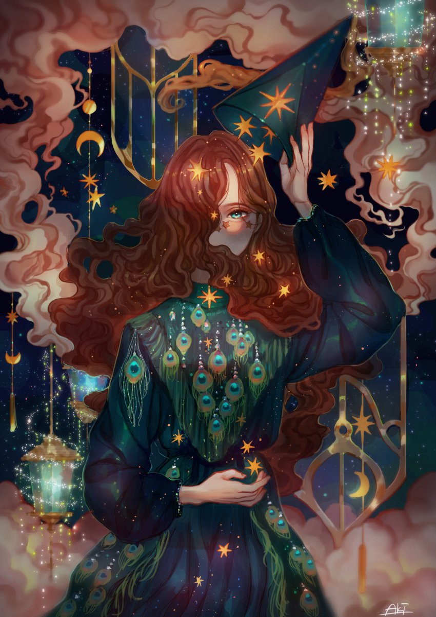 1girl absurdres aki_a0623 blue_eyes clouds crescent_moon feathers highres long_hair magic moon one_eye_covered original pale_skin peacock_feathers redhead sky solo_focus sparks star_(sky) starry_sky starry_sky_print surreal very_long_hair wavy_hair witch