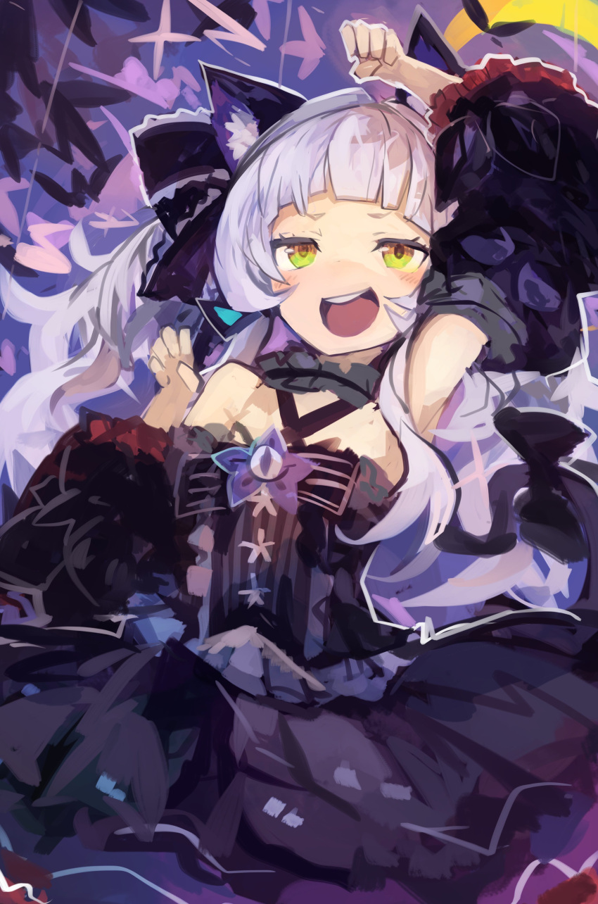 1girl absurdres animal_ear_fluff animal_ears arm_up armpit_peek bangs bare_shoulders black_dress blunt_bangs bow cat_ears cat_tail choker cowboy_shot detached_sleeves dress fake_animal_ears frills gothic_lolita hair_bow highres hololive jitome kaamin_(mariarose753) lolita_fashion long_hair murasaki_shion official_alternate_costume open_mouth paw_pose purple_background round_teeth sidelocks silver_hair smile solo star_(symbol) tail tail_bow tail_ornament teeth twintails virtual_youtuber yellow_eyes
