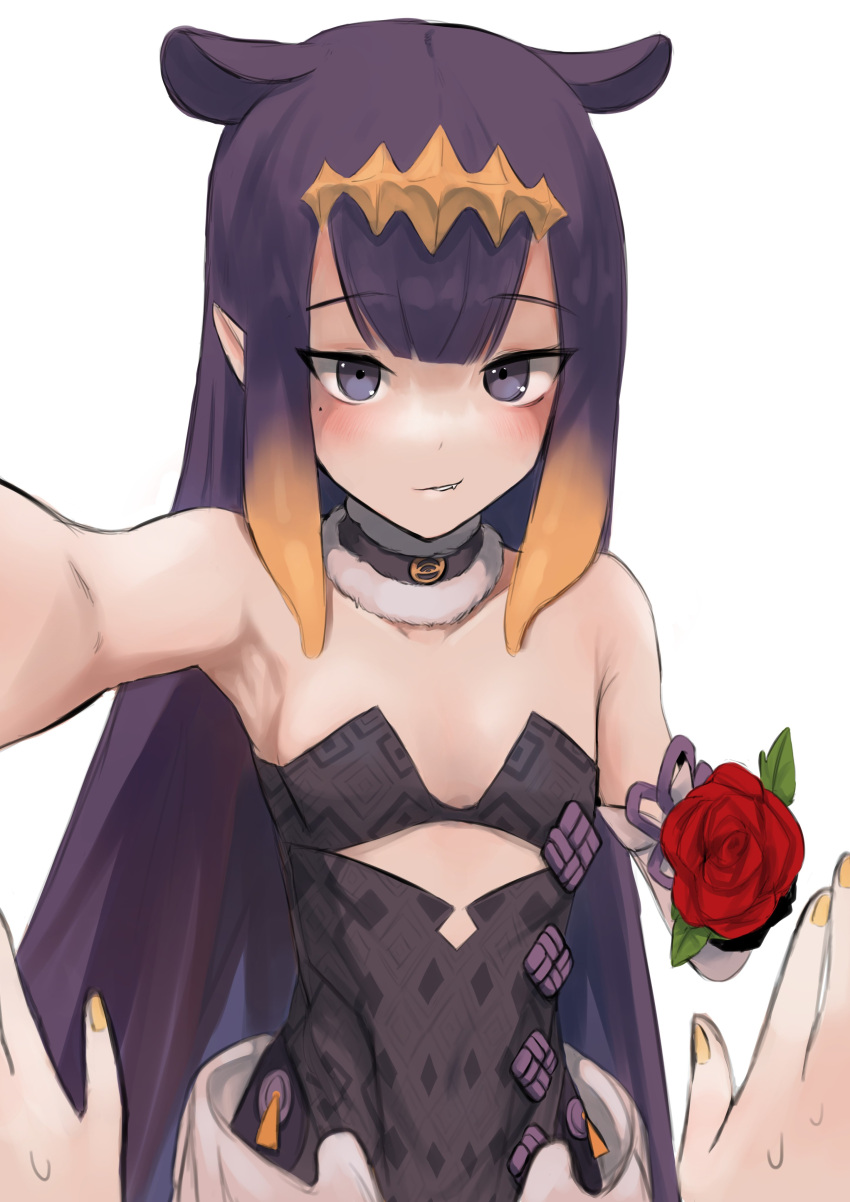 1girl absurdres bare_shoulders black_gloves blush daiishori detached_sleeves fang flat_chest flower fur_choker gloves grey_eyes highres holding holding_flower hololive hololive_english mole mole_under_eye ninomae_ina'nis pointy_ears pov purple_hair red_flower red_rose rose single_detached_sleeve smirk solo tentacle_hair virtual_youtuber wall_slam watson_amelia wings yellow_nails yuri