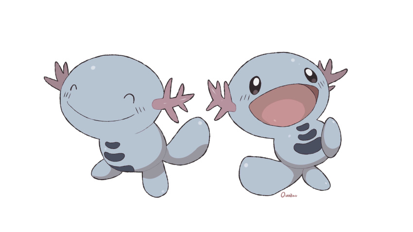 :d absurdres closed_mouth creature gen_2_pokemon highres light_blush multiple_views no_humans open_mouth ouran pokemon pokemon_(creature) signature simple_background smile tongue white_background wooper