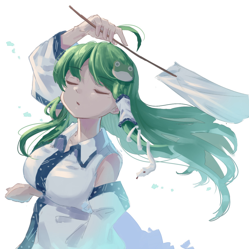1girl 5alive ahoge arm_under_breasts arm_up bare_shoulders breasts closed_eyes collared_shirt commentary_request cropped_torso detached_sleeves dress_shirt eyebrows_visible_through_hair frog_hair_ornament gohei green_hair hair_ornament hair_tubes head_tilt highres kochiya_sanae large_breasts long_hair shirt sleeveless sleeveless_shirt snake_hair_ornament solo touhou two-tone_shirt upper_body white_background white_shirt