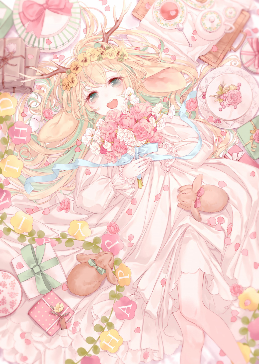 1boy absurdres animal_ears animare antlers aqua_eyes aqua_ribbon bangs bouquet box character_request dress feet_out_of_frame flower frilled_dress frills gift gift_box hair_flower hair_ornament highres long_sleeves lying on_back open_mouth pansy petals pink_flower ribbon rose smile solo virtual_youtuber white_dress white_flower yellow_flower yoggi_(stretchmen)