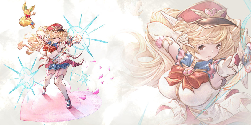 1girl bare_shoulders blonde_hair breasts cygames elbow_gloves gloves granblue_fantasy granblue_fantasy_(style) hat highres large_breasts long_hair magical_girl military_hat monika_weisswind pleated_skirt skirt sword thigh-highs thigh_strap twintails wavy_hair weapon yu_pian zettai_ryouiki