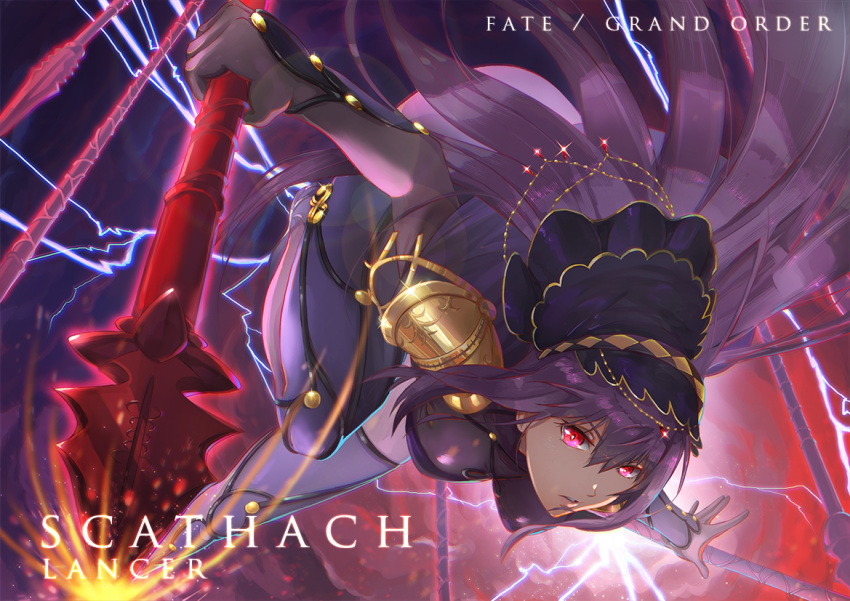 1girl bodysuit breasts character_name copyright_name falling fate/grand_order fate_(series) gae_bolg_(fate) holding holding_weapon long_hair looking_at_viewer polearm purple_hair red_eyes scathach_(fate) scathach_(fate)_(all) solo spear veil weapon yamato_(genesisace)