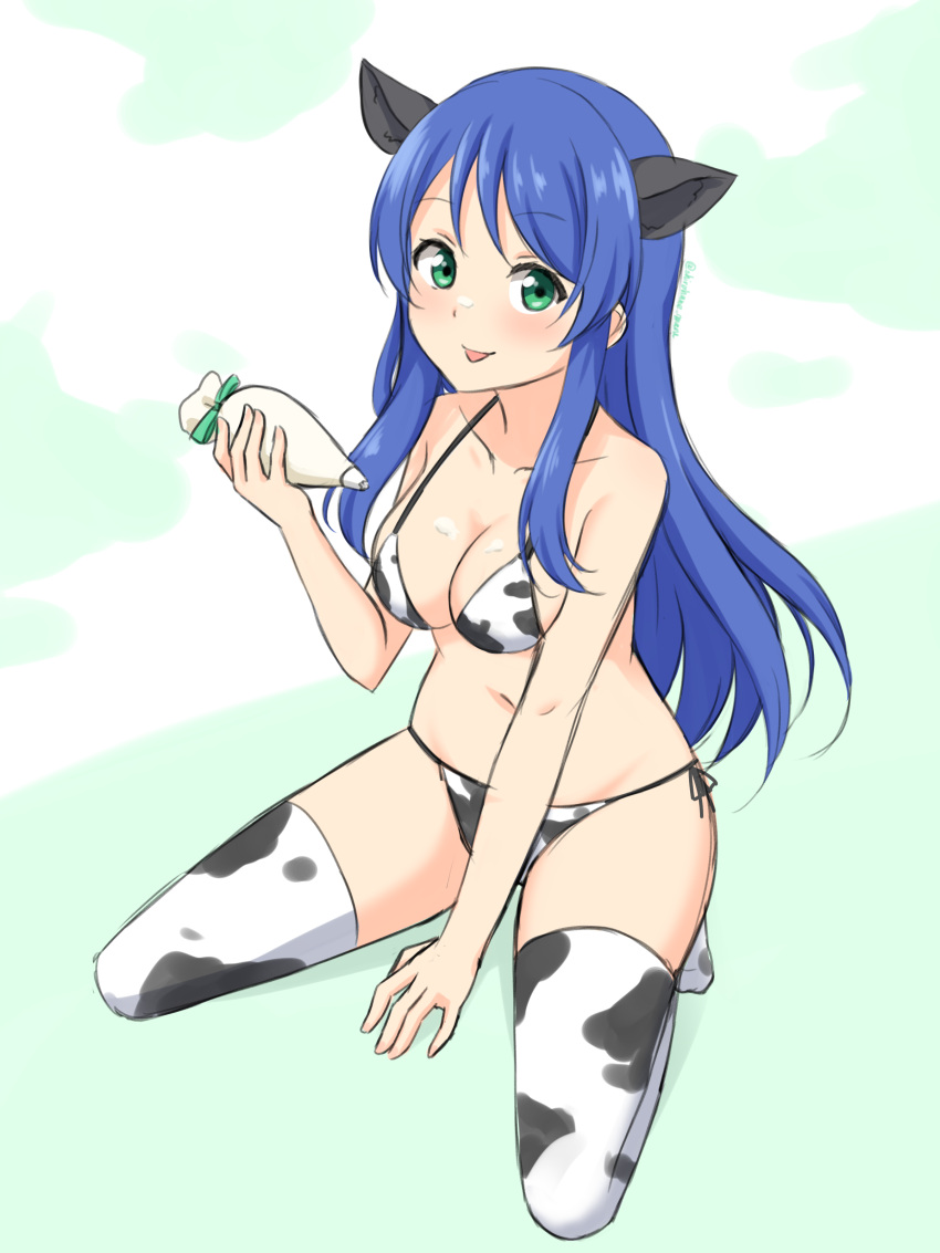 1girl :p absurdres animal_ears animal_print bare_arms bare_shoulders between_legs bikini blue_hair breasts collarbone commentary_request cow_print extra_ears eyebrows_visible_through_hair food food_on_breasts food_on_face green_background green_eyes hand_between_legs highres long_hair looking_at_viewer medium_breasts navel original pastry_bag print_bikini print_legwear shiraha_maru side-tie_bikini simple_background sitting smile solo swimsuit tongue tongue_out twitter_username very_long_hair