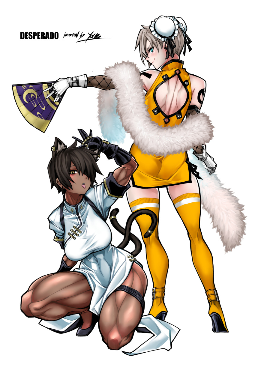2girls absurdres animal_ear_fluff animal_ears ass back back_cutout bare_legs black_footwear black_gloves black_hair blue_eyes boots breasts bun_cover cat_ears cat_tail china_dress chinese_clothes clothing_cutout dark_skin dark-skinned_female desperado_(yotaro) detached_sleeves double_bun dress earrings fan feather_boa fishnet_sleeves folding_fan gloves hair_over_one_eye high_heel_boots high_heels highres holding holding_fan jewelry large_breasts mao_(yotaro) multiple_girls multiple_tails muscular muscular_female no_bra one_knee panties short_dress shoulder_tattoo side-tie_panties simple_background slit_pupils squatting tachibana_rikka tail tail_ornament tail_ring tattoo thick_thighs thigh-highs thigh_boots thighs underwear white_background white_gloves yellow_dress yotaro