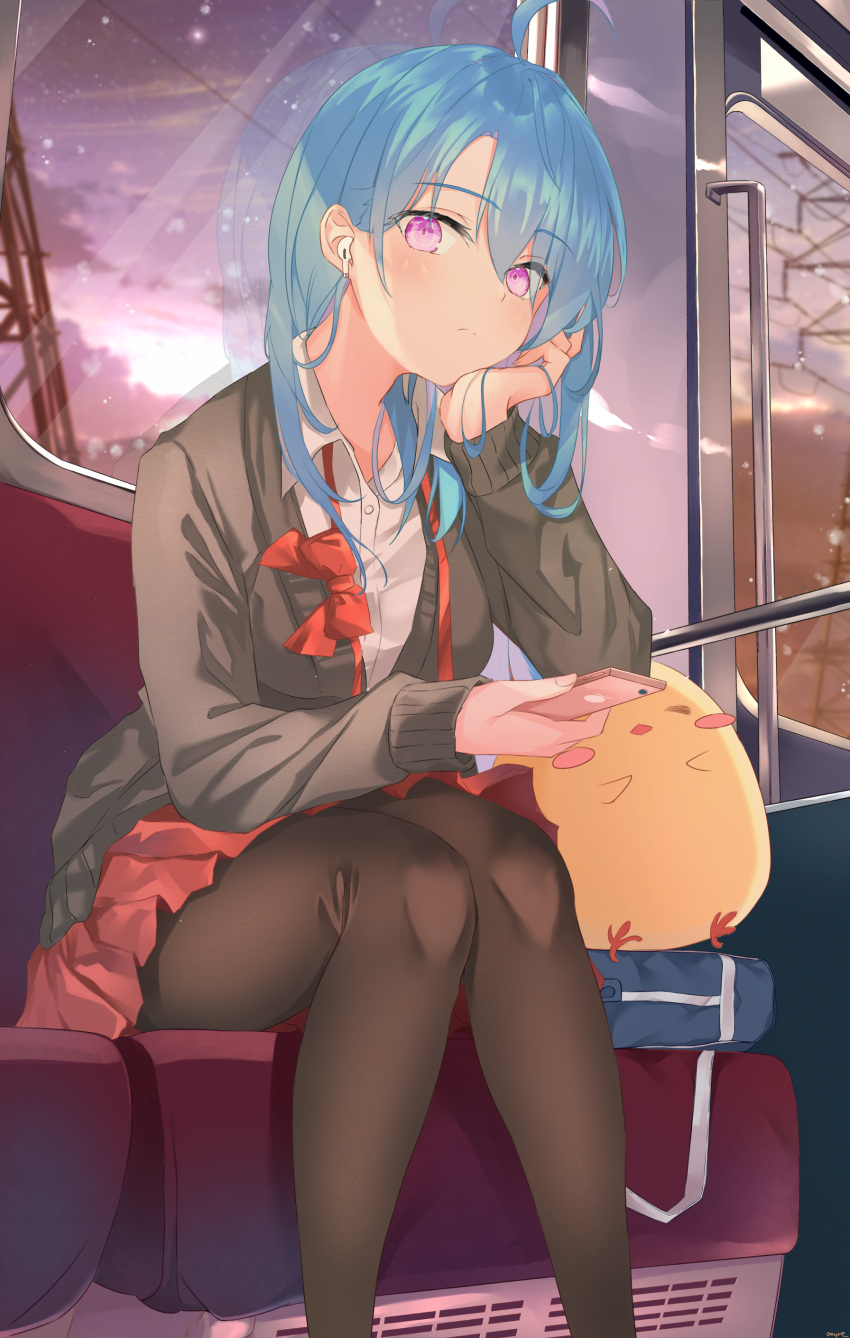 1girl absurdres airpods azur_lane black_cardigan blue_hair blush bow breasts cardigan cellphone collared_shirt english_commentary expressionless hair_behind_ear hand_on_own_head helena_(azur_lane) highres holding holding_phone leggings looking_down medium_breasts phone power_lines red_bow red_skirt school_uniform shirt sitting skirt smartphone solo sunset train_interior vayneeeee violet_eyes white_shirt