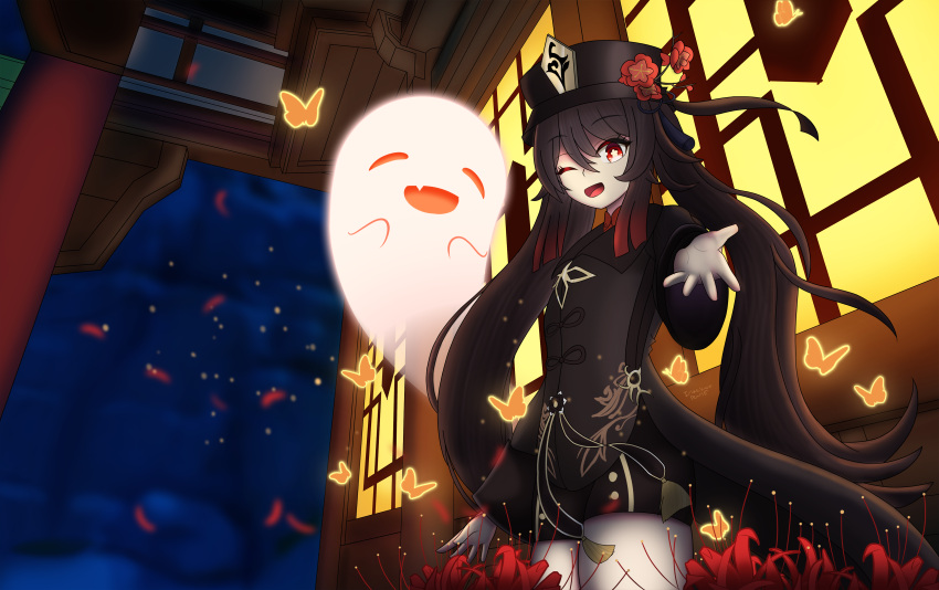 1girl :d absurdres brown_hair bug butterfly chinese_clothes flower-shaped_pupils genshin_impact ghost highres hu_tao insect iridescentpearl long_hair night open_mouth red_eyes shorts smile twintails