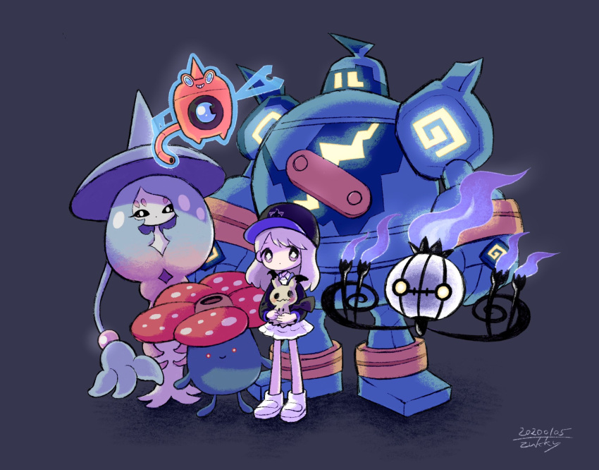 1girl baseball_cap black_background black_headwear bright_pupils chandelure dated gen_1_pokemon gen_4_pokemon gen_5_pokemon gen_7_pokemon gen_8_pokemon glowing golurk hat hatterene highres long_hair long_sleeves mimikyu no_nose pink_hair pokemon rotom shadow shoes signature simple_background solo standing vileplume violet_eyes white_footwear white_pupils wide_shot zukky000