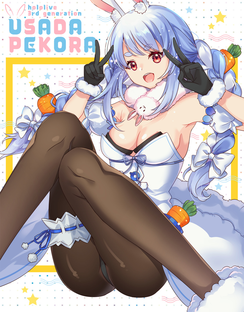 1girl :d animal_ear_fluff animal_ears apron bangs bare_shoulders black_gloves black_legwear black_leotard blue_hair braid breasts bunny_tail carrot_hair_ornament clothing_cutout coat detached_sleeves don-chan_(usada_pekora) double_v food_themed_hair_ornament fujishiro_kokoa fur-trimmed_coat fur-trimmed_gloves fur_scarf fur_trim garters gloves hair_ornament highres hikimayu hololive leotard leotard_under_clothes long_hair looking_at_viewer multicolored_hair open_mouth pantyhose playboy_bunny puffy_short_sleeves puffy_sleeves rabbit_ears rabbit_girl red_eyes scarf short_eyebrows short_sleeves single_garter sitting small_breasts smile solo strapless strapless_coat strapless_leotard swept_bangs tail tail_cutout twin_braids twintails two-tone_hair upper_teeth upskirt usada_pekora v virtual_youtuber waist_apron white_coat white_hair white_scarf white_sleeves