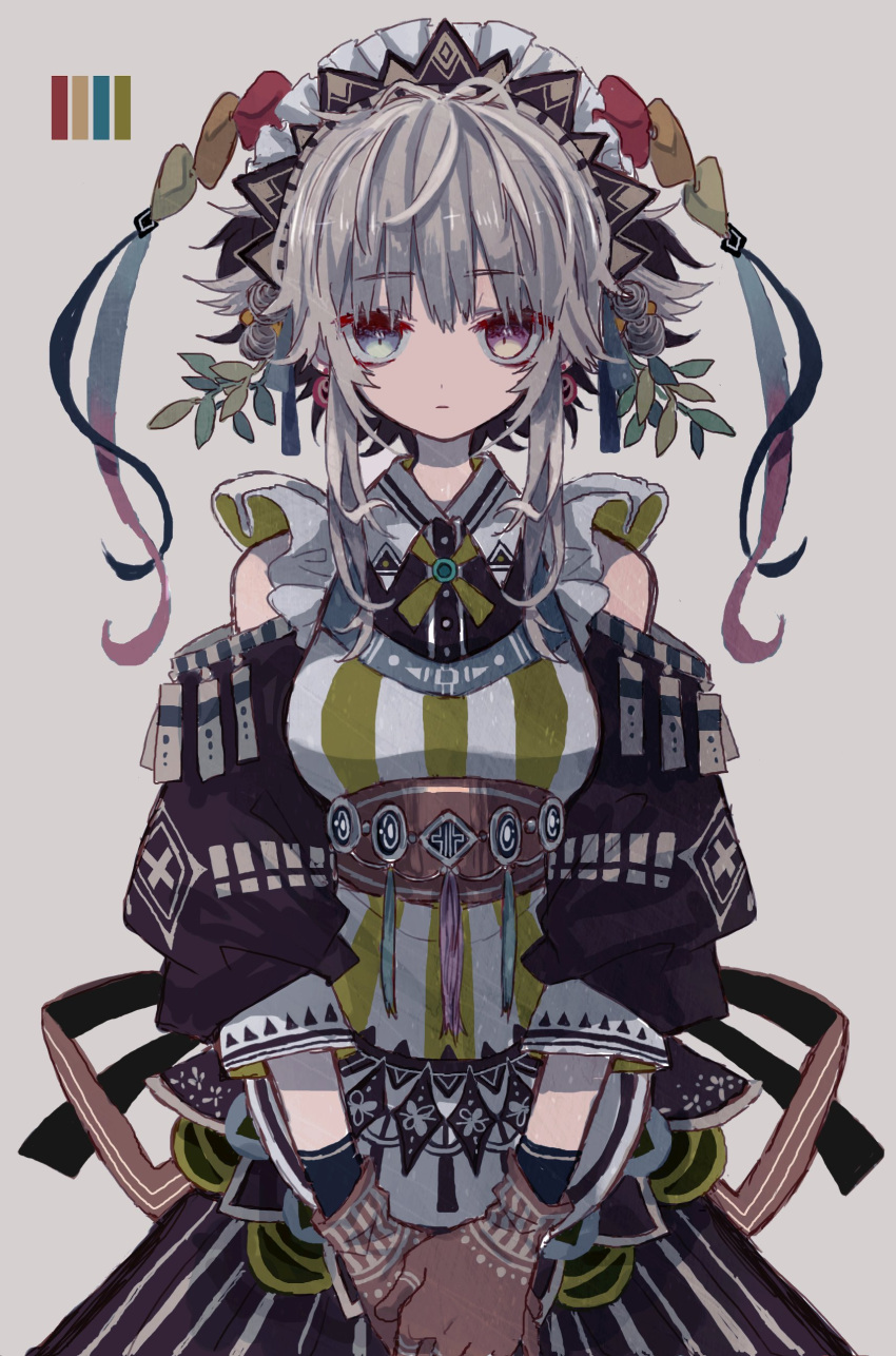 1girl absurdres azzz_(7334080) bangs blue_eyes eyebrows_visible_through_hair gloves grey_background grey_hair hands_together heterochromia highres leaf looking_at_viewer original red_gloves shadow short_hair_with_long_locks simple_background solo upper_body violet_eyes