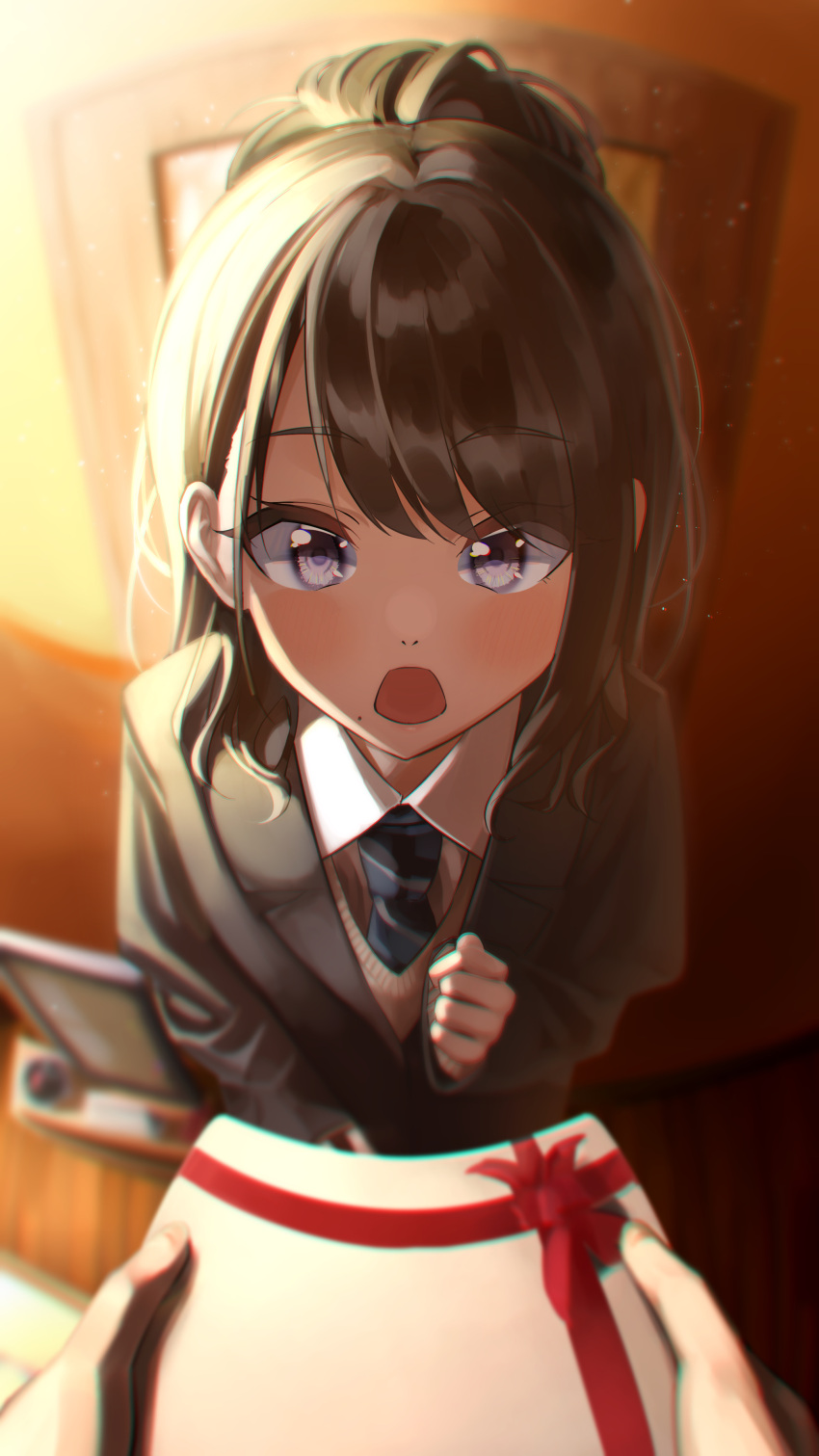 1girl 1other absurdres bangs birthday black_hair blazer commentary_request eyebrows_visible_through_hair fisheye gift highres idolmaster idolmaster_shiny_colors jacket kazano_hiori looking_at_viewer mole mole_under_mouth necktie open_mouth ponytail pov school_uniform surprised tera2001 upturned_eyes violet_eyes