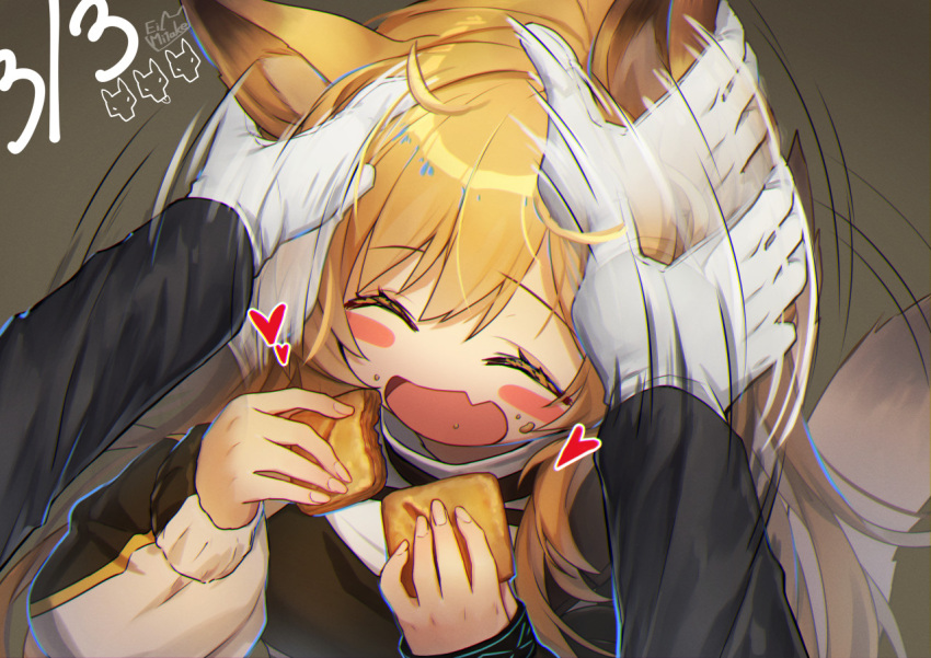 1girl 1other :d ^_^ afterimage ahoge animal_ear_fluff animal_ears arknights baggy_clothes bangs biscuit_(bread) black_coat black_dress blonde_hair blush_stickers ceobe_(arknights) closed_eyes coat commentary_request dated doctor_(arknights) dog_ears dog_tail dress eating eyebrows_visible_through_hair fang food gloves grey_background hair_between_eyes heart holding holding_food infection_monitor_(arknights) jacket long_hair long_sleeves mitake_eil open_mouth petting sidelocks signature simple_background skin_fang smile standing tail upper_body white_gloves