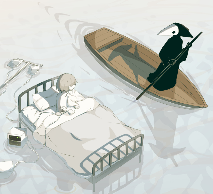 1boy 1other afloat avogado6 bed bed_frame colored_skin commentary_request gondola grey_hair hospital_gown intravenous_drip long_sleeves on_bed original pillow shadow white_skin