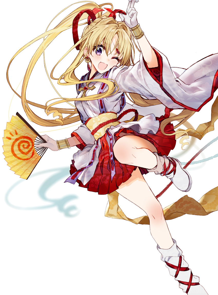 1girl ;d absurdres acetylene-lamp between_fingers blonde_hair boots bow chess_piece cross earrings fan gloves hair_bow hair_intakes hair_ribbon highres holding holding_fan jewelry kaitou_jeanne kamikaze_kaitou_jeanne knee_boots kusakabe_maron long_hair looking_at_viewer magical_girl one_eye_closed open_mouth pleated_skirt ponytail red_bow red_ribbon red_skirt ribbon skirt smile solo violet_eyes white_background white_footwear white_gloves