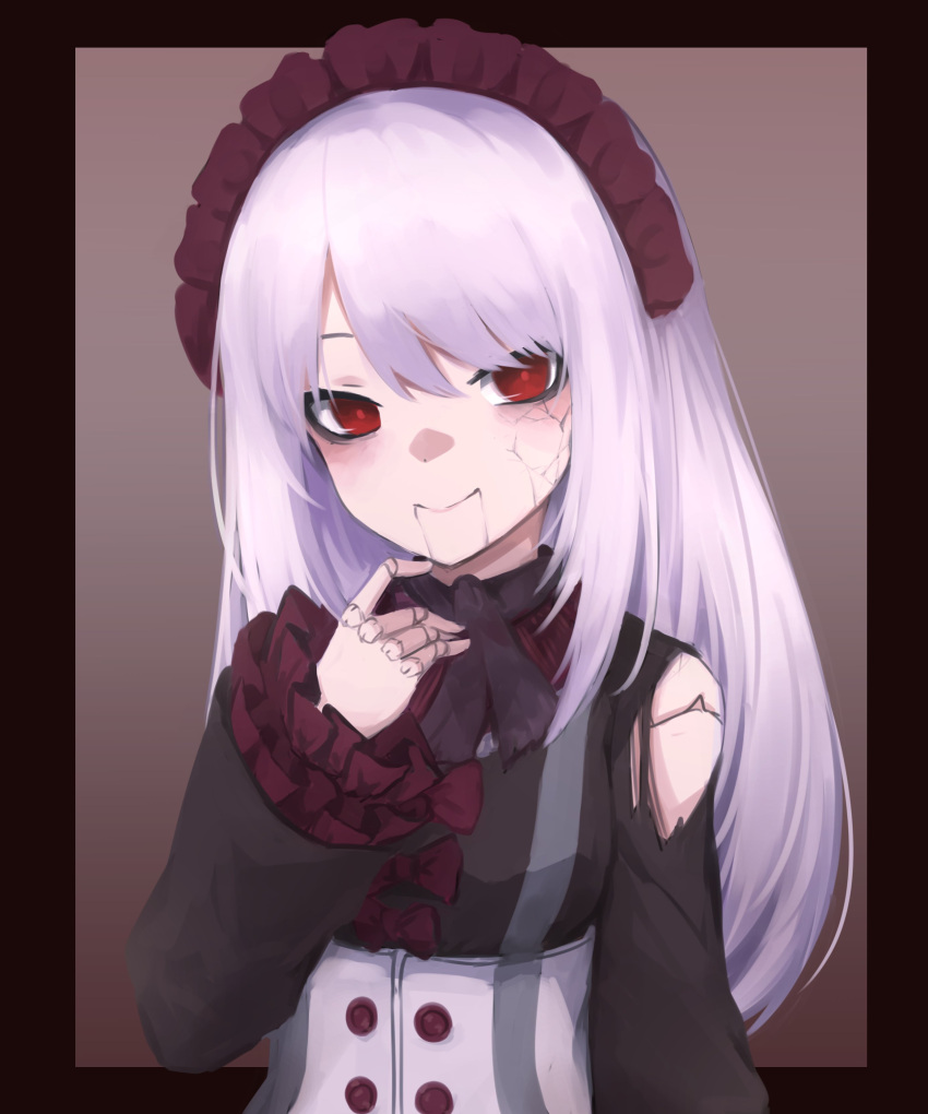1girl absurdres bare_shoulders black_border border bow cracked_skin doll_joints double-breasted hairband hand_up highres indie_virtual_youtuber joints jowol klaius long_hair long_sleeves looking_at_viewer purple_hair red_bow red_eyes smile solo virtual_youtuber
