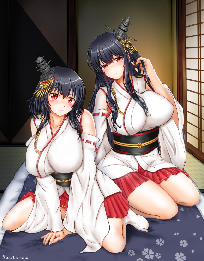 2girls black_hair blush breasts detached_sleeves fusou_(kancolle) futon hair_ornament highres kantai_collection large_breasts long_hair looking_at_viewer multiple_girls nontraditional_miko red_eyes short_hair skirt smile uratomomin wide_sleeves yamashiro_(kancolle)