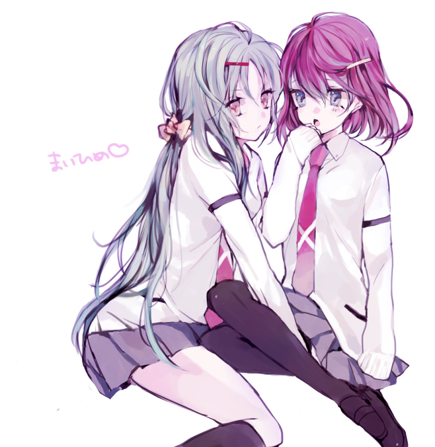 2girls bangs black_legwear blue_eyes blush bow grey_skirt hair_between_eyes hair_bow hair_ornament hairclip loafers long_hair long_sleeves multiple_girls necktie pink_bow pink_eyes pink_neckwear pleated_skirt purple_hair saki saki_achiga-hen school_uniform shirouzu_mairu shirt shoes short_hair silver_hair sitting skirt sleeves_past_fingers sleeves_past_wrists tsuruta_himeko very_long_hair white_shirt yukari_(rihenara_doll) yuri