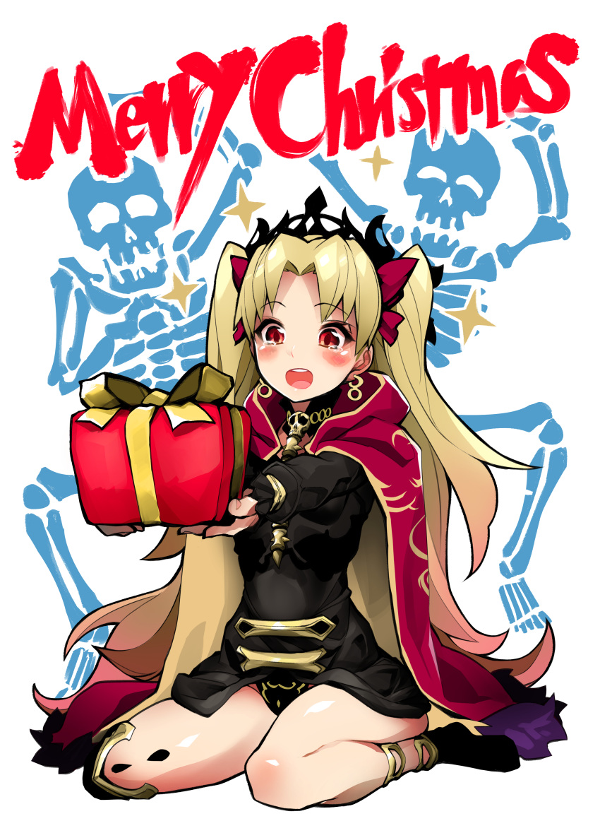 1girl 2others absurdres bangs black_dress black_footwear black_panties blonde_hair blush bow box cape cloak commentary_request crown dress ereshkigal_(fate) fate/grand_order fate_(series) full_body gift gift_box hair_bow happy_tears highres hood hood_down hooded_cloak long_hair merry_christmas multiple_others open_mouth panties pantyshot parted_bangs red_cape red_cloak red_eyes single_thighhigh sitting skeleton socks solo_focus tearing_up tears thigh-highs two_side_up underwear upper_teeth very_long_hair wariza yotaro