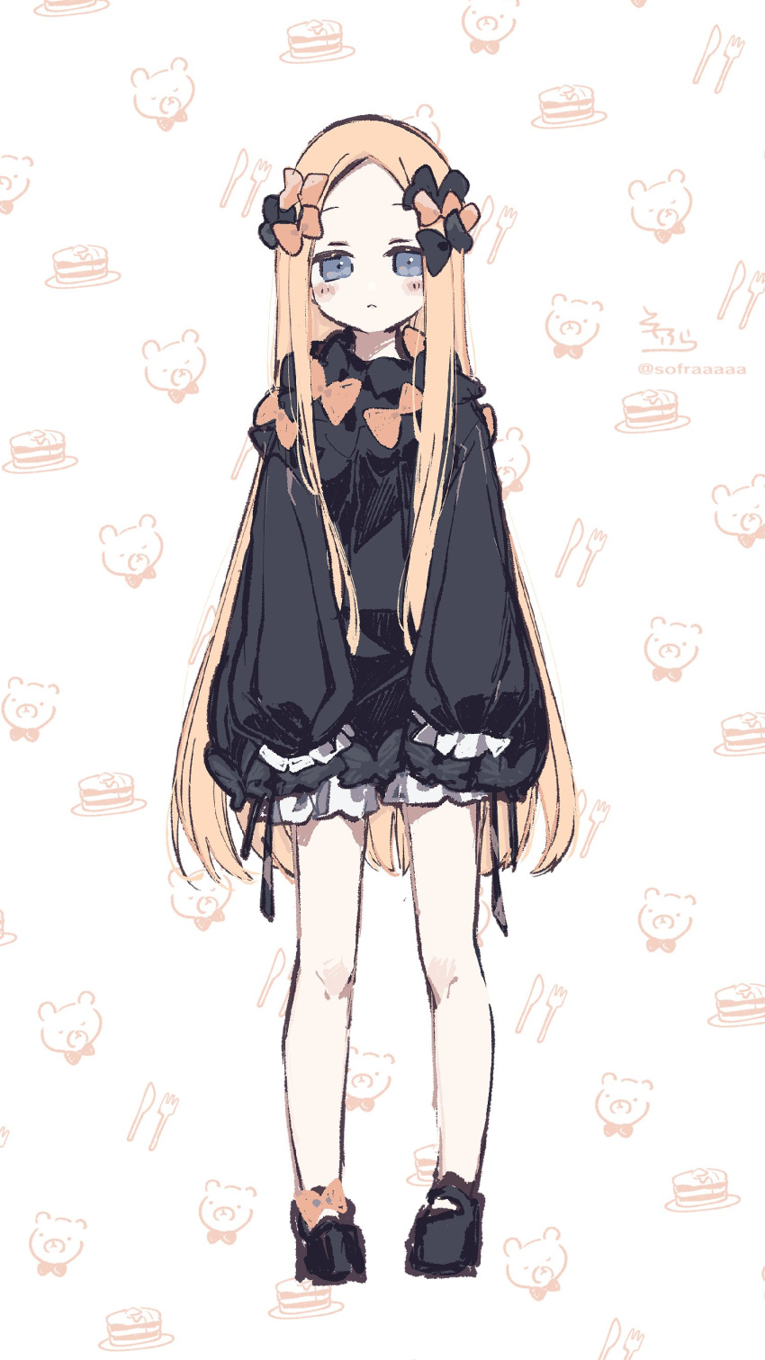 1girl :&lt; abigail_williams_(fate) absurdres bangs black_bow black_dress black_footwear blonde_hair blue_eyes blush bow bug butterfly closed_mouth dress fate/grand_order fate_(series) forehead full_body hair_bow highres insect long_hair long_sleeves looking_at_viewer no_hat no_headwear orange_bow parted_bangs shoes signature sleeves_past_fingers sleeves_past_wrists sofra solo standing twitter_username very_long_hair white_background
