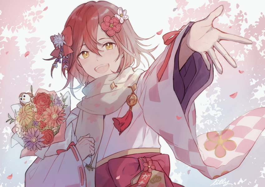 1boy :d bird bouquet flower hair_between_eyes hair_ornament hanasaki_miyabi happy highres holostars japanese_clothes kimono long_sleeves looking_at_viewer male_focus open_mouth petals redhead riri_zuran scarf short_hair smile solo upper_body virtual_youtuber wide_sleeves yellow_eyes