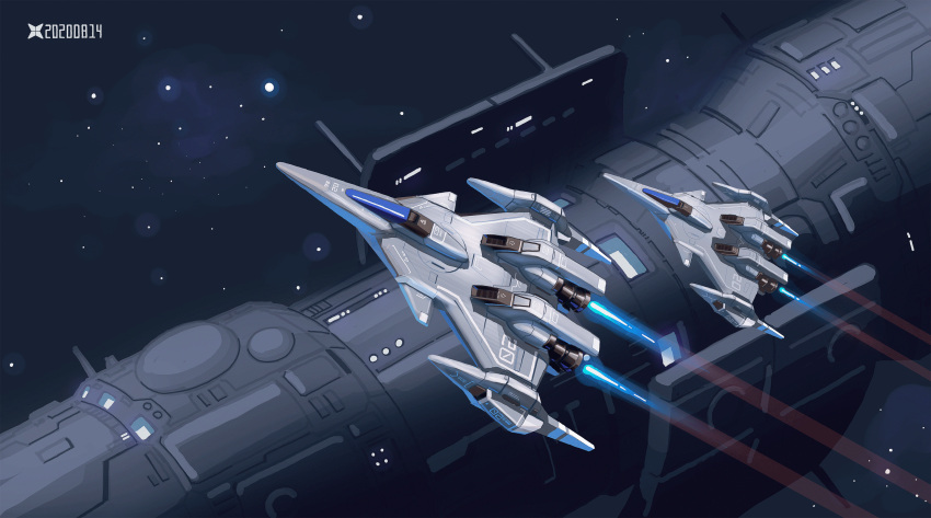 4xs_master_race flying from_above highres no_humans original science_fiction space space_craft star_(sky) starfighter thrusters vehicle_focus