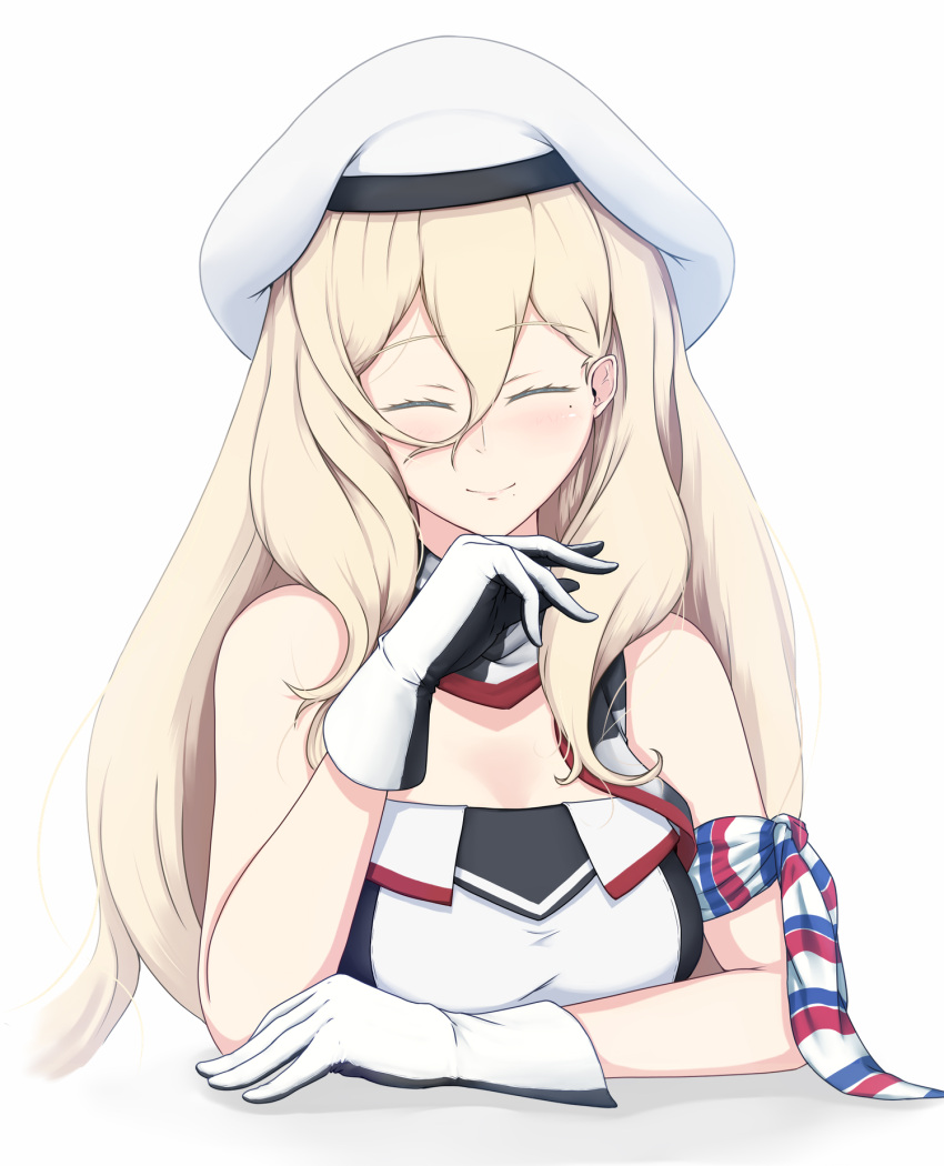 1girl arm_scarf beret black_gloves blonde_hair breasts closed_eyes dress gloves hair_between_eyes hat highres kantai_collection large_breasts long_hair mole mole_under_eye mole_under_mouth multicolored multicolored_clothes multicolored_gloves multicolored_scarf pom_pom_(clothes) richelieu_(kancolle) scarf solo strapless strapless_dress upper_body white_gloves yakuto007