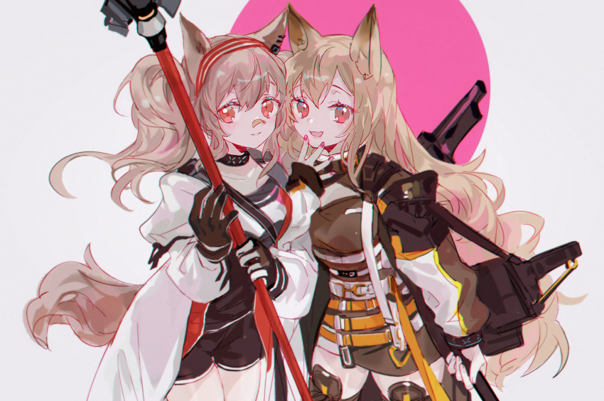 2girls angelina_(arknights) animal_ears arknights belt belt_buckle brown_hair buckle ceobe_(arknights) choker dog_ears dog_girl fox_ears gloves highres holding holding_weapon kanose long_hair looking_at_viewer multiple_girls red_eyes shorts skirt staff twintails very_long_hair weapon