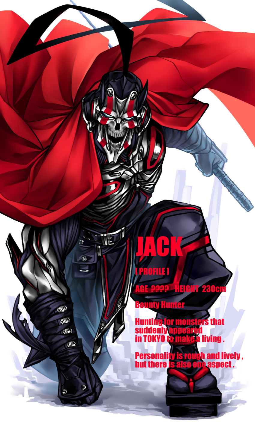 1boy absurdres blue_eyes cape character_profile clenched_hand desperado_(yotaro) english_text geta highres holding holding_sword holding_weapon jack_crimson male_focus metal_skin no_pupils one_knee open_mouth power_suit red_cape reverse_grip sheath sheathed solo superhero_landing sword weapon yotaro