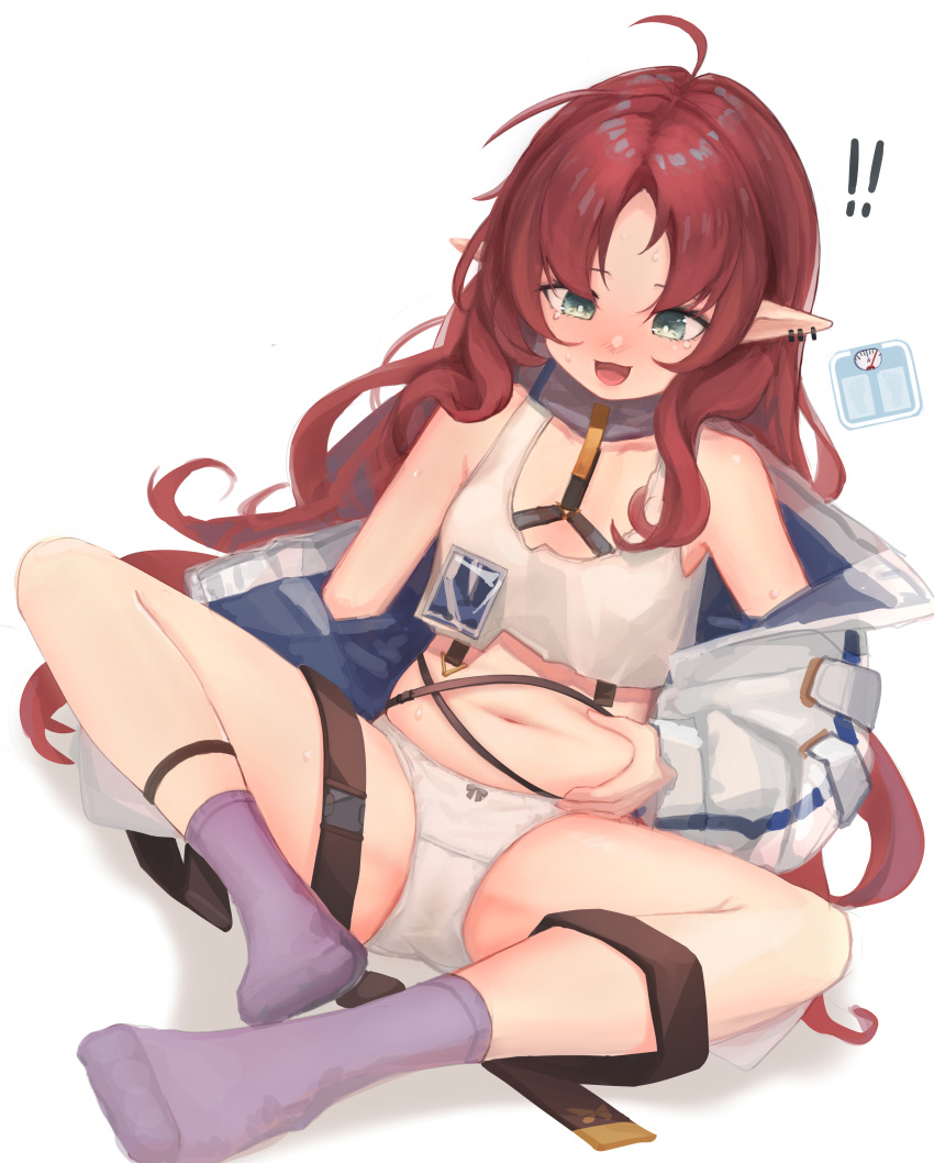 !! 1girl :d absurdres arknights ass blush brown_hair earrings green_eyes highres jacket jewelry long_hair looking_at_viewer myrtle_(arknights) navel open_mouth panties purple_legwear shirt_lift sitting smile socks solo stomach sweat tears thigh_strap timitarcat underwear very_long_hair weight_conscious white_panties