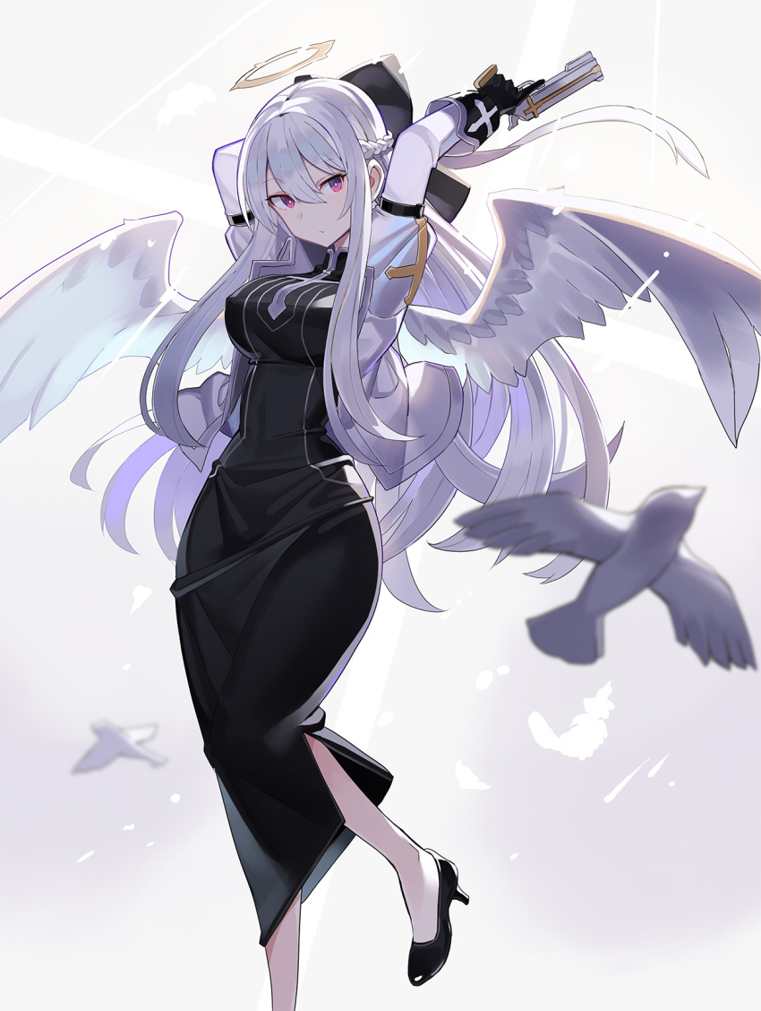 1girl angel angel_wings arms_up bangs bird black_dress black_footwear black_gloves braid breasts bright_pupils cross dress eyebrows_visible_through_hair feathered_wings feathers foot_out_of_frame gloves gun hair_between_eyes halo handgun high_heels highres holding holding_gun holding_weapon jacket juliet_sleeves large_breasts long_hair long_sleeves looking_to_the_side open_clothes open_jacket original pistol puffy_sleeves red_eyes rin_falcon sidelocks silver_hair solo strapless strapless_dress trigger_discipline tube_dress very_long_hair weapon white_hair white_jacket white_pupils white_wings wings
