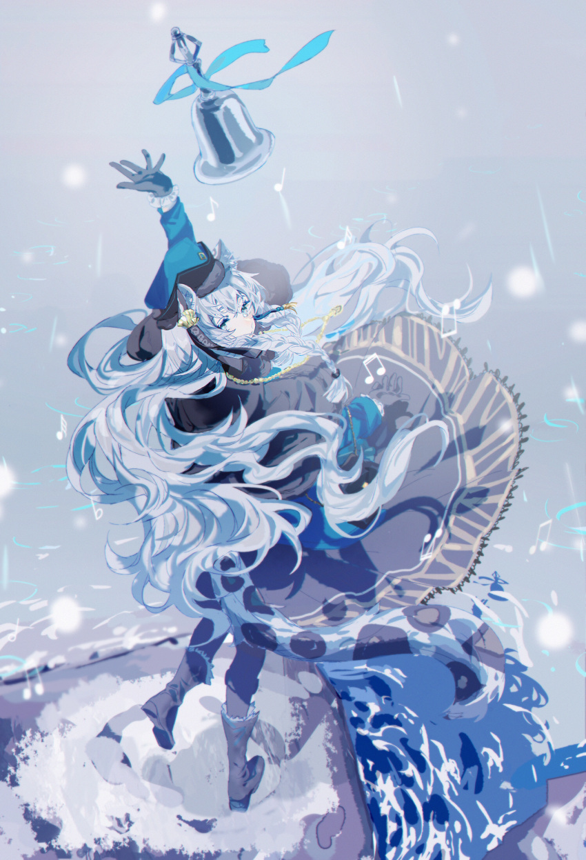 animal_ear_fluff animal_ears arknights bell boots coat flowing_dress hat highres kanose leopard_ears leopard_tail long_skirt looking_back pramanix_(arknights) pramanix_(caster's_frost)_(arknights) skirt snow snowing tail white_hair