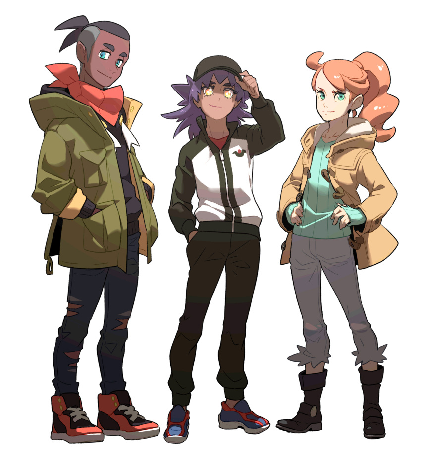 1girl 2boys baseball_cap black_footwear black_hair black_pants boots closed_mouth coat collarbone commentary_request dark_skin dark_skinned_male eyelashes green_coat green_eyes green_shirt hat highres jacket korean_commentary leon_(pokemon) long_hair long_sleeves looking_at_viewer multiple_boys neckerchief open_clothes open_coat orange_hair pants pokemon pokemon_(anime) pokemon_swsh_(anime) raihan_(pokemon) redlhzz ribbed_shirt shirt shoes smile sonia_(pokemon) standing undercut younger zipper_pull_tab