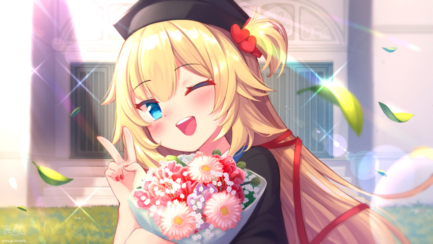 1girl ;d akai_haato aqua_eyes bangs blonde_hair blush bouquet flower from_side graduation hair_ornament hair_ribbon hat heart heart_hair_ornament highres hololive long_hair looking_at_viewer magowasabi mortarboard nail_polish one_eye_closed one_side_up open_mouth red_nails red_ribbon ribbon smile solo tied_hair upper_body upper_teeth v very_long_hair virtual_youtuber