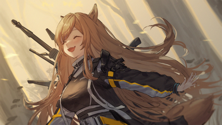 1girl :d ^_^ animal_ears arknights black_jacket blush breasts brown_hair ceobe_(arknights) closed_eyes day dog_ears dog_girl dog_tail fang forest highres jacket jfjf large_breasts long_hair long_sleeves nature open_clothes open_jacket open_mouth outdoors outstretched_arms smile solo tail underbust upper_body very_long_hair weapon weapon_on_back