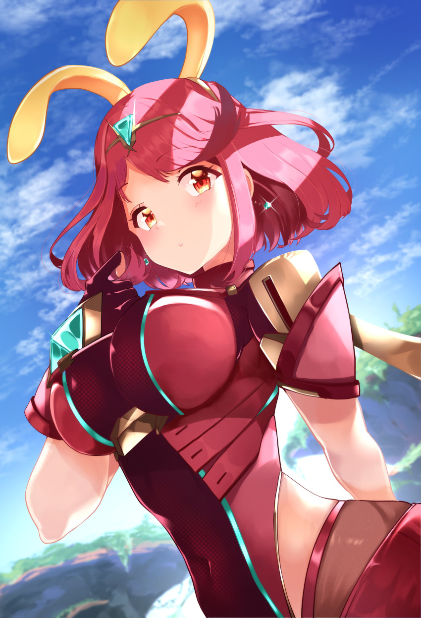 1girl absurdres animal_ears bangs black_gloves breasts chest_jewel earrings fingerless_gloves gloves highres jewelry large_breasts leggings pyra_(xenoblade) rabbit_ears red_eyes red_legwear red_shorts redhead risumi_(taka-fallcherryblossom) short_hair short_shorts shorts super_smash_bros. swept_bangs thigh-highs tiara xenoblade_chronicles_(series) xenoblade_chronicles_2