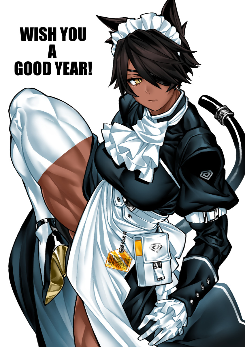 1girl absurdres animal_ears apron barcode belt_pouch breasts brown_hair cat_ears cat_tail corset dark_skin dark-skinned_female desperado_(yotaro) english_commentary english_text eyepatch gloves happy_new_year high_heels highres large_breasts maid maid_headdress mao_(yotaro) muscular muscular_female name_tag new_year one-eyed pouch short_hair side_slit slit_pupils solo standing standing_on_one_leg tail tail_ornament tail_ring thick_thighs thigh-highs thighs waist_apron white_gloves wrist_cuffs yellow_eyes yotaro