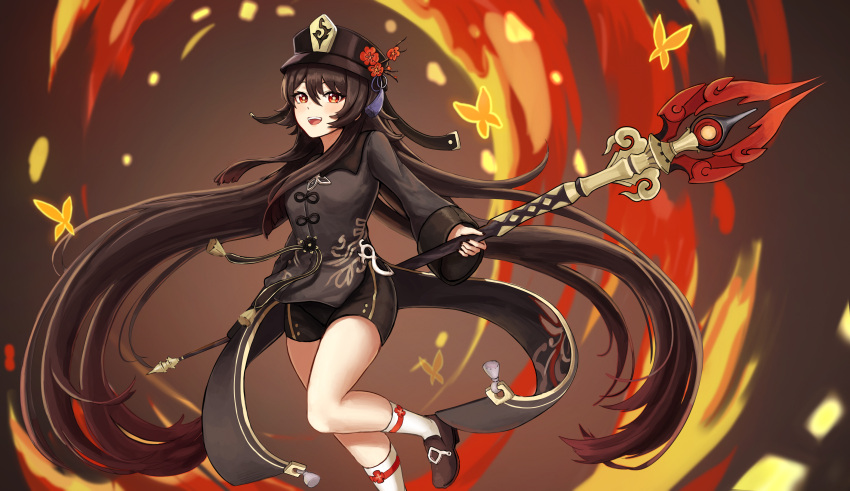 1girl absurdres black_headwear black_shirt black_shorts brown_footwear brown_hair fire flower-shaped_pupils genshin_impact hat highres holding holding_spear holding_weapon hu_tao huge_filesize kneehighs leg_up long_hair long_sleeves looking_at_viewer matmaj open_mouth polearm red_eyes shirt shoes shorts smile solo spear twintails weapon white_legwear