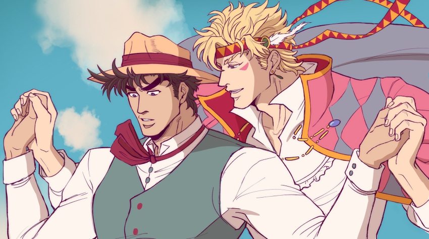 2boys adam's_apple argyle argyle_jacket ascot battle_tendency blonde_hair blue_eyes brown_hair caesar_anthonio_zeppeli catneylang clouds commentary cosplay derivative_work earrings english_commentary facial_mark feathers green_vest grey_eyes hair_feathers headband highres holding_hands howl_(howl_no_ugoku_shiro) howl_(howl_no_ugoku_shiro)_(cosplay) howl_no_ugoku_shiro jacket jacket_on_shoulders jewelry jojo_no_kimyou_na_bouken joseph_joestar_(young) long_sleeves looking_at_another looking_down male_focus multiple_boys multiple_sources necklace parody pink_jacket red_neckwear screencap_redraw shirt short_hair sophie_(howl_no_ugoku_shiro) sophie_(howl_no_ugoku_shiro)_(cosplay) vest white_shirt