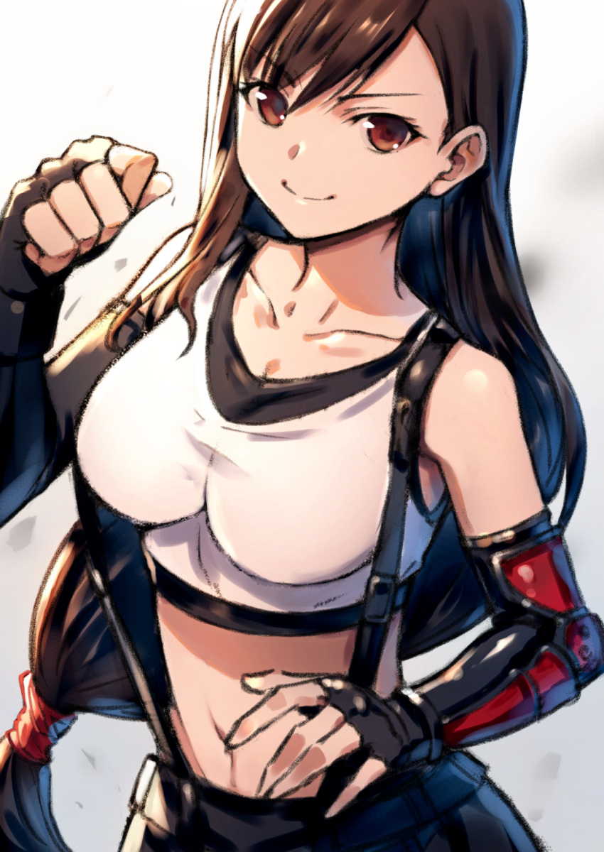 bangs black_gloves black_hair breasts brown_eyes clenched_hand collarbone crop_top eyebrows_visible_through_hair final_fantasy final_fantasy_vii final_fantasy_vii_remake fingerless_gloves gloves hair_behind_ear head_tilt highres kazumaru long_hair low-tied_long_hair medium_breasts midriff navel open_hand smile tifa_lockhart v-shaped_eyebrows