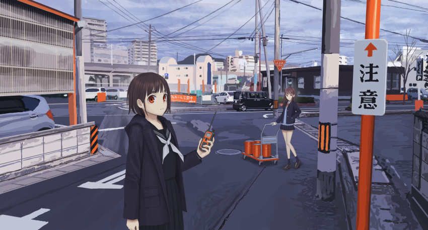 05tai_mono 2girls absurdres black_serafuku brown_hair car cityscape day ground_vehicle hand_in_pocket hand_truck highres jacket looking_at_viewer motor_vehicle multiple_girls orange_eyes original outdoors road_sign scenery school_uniform serafuku short_hair sign walkie-talkie