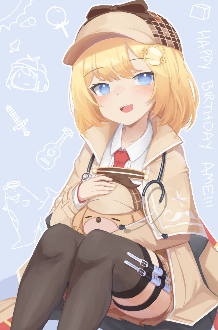 1girl :d absurdres animal blonde_hair blue_eyes blush bubba_(watson_amelia) coat collared_shirt commentary dog english_commentary grey_legwear grimace_(mcdonald's) hair_ornament happy_birthday hat highres holding holding_animal holding_dog hololive hololive_english klaius long_sleeves looking_at_viewer medium_hair necktie open_mouth pleated_skirt red_neckwear shirt sitting skirt smile solo syringe thigh-highs thigh_strap upper_teeth watson_amelia white_shirt wing_collar yellow_coat yellow_skirt
